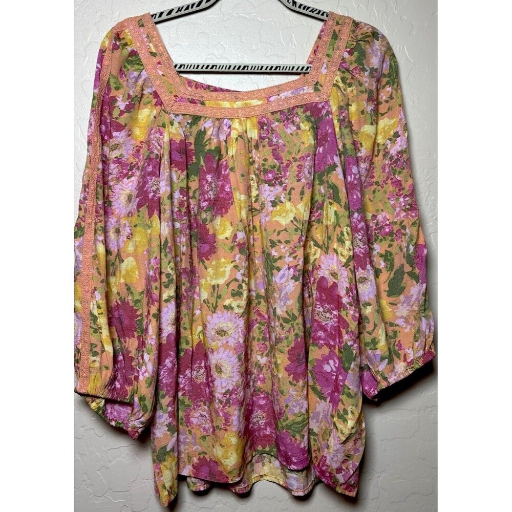 LC Lauren Conrad Womens XL Floral Peasant Blouse Square Neck Boho Puff Sleeve